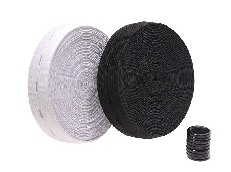 PENTA ANGEL 2 Colors Elastic Sewing Bands 11 Yards 3/4 Inch Flatback Black and White Sewing Bands Spool With Buttonhole, Knit Stretch Cord Belt with 10Pcs 18mm Black Resin Button (3/4") - Image 1